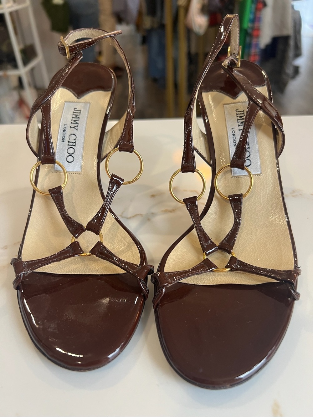 Jimmy Choo vintage Brown Patent Leather Gold-Ring Slingback Heels